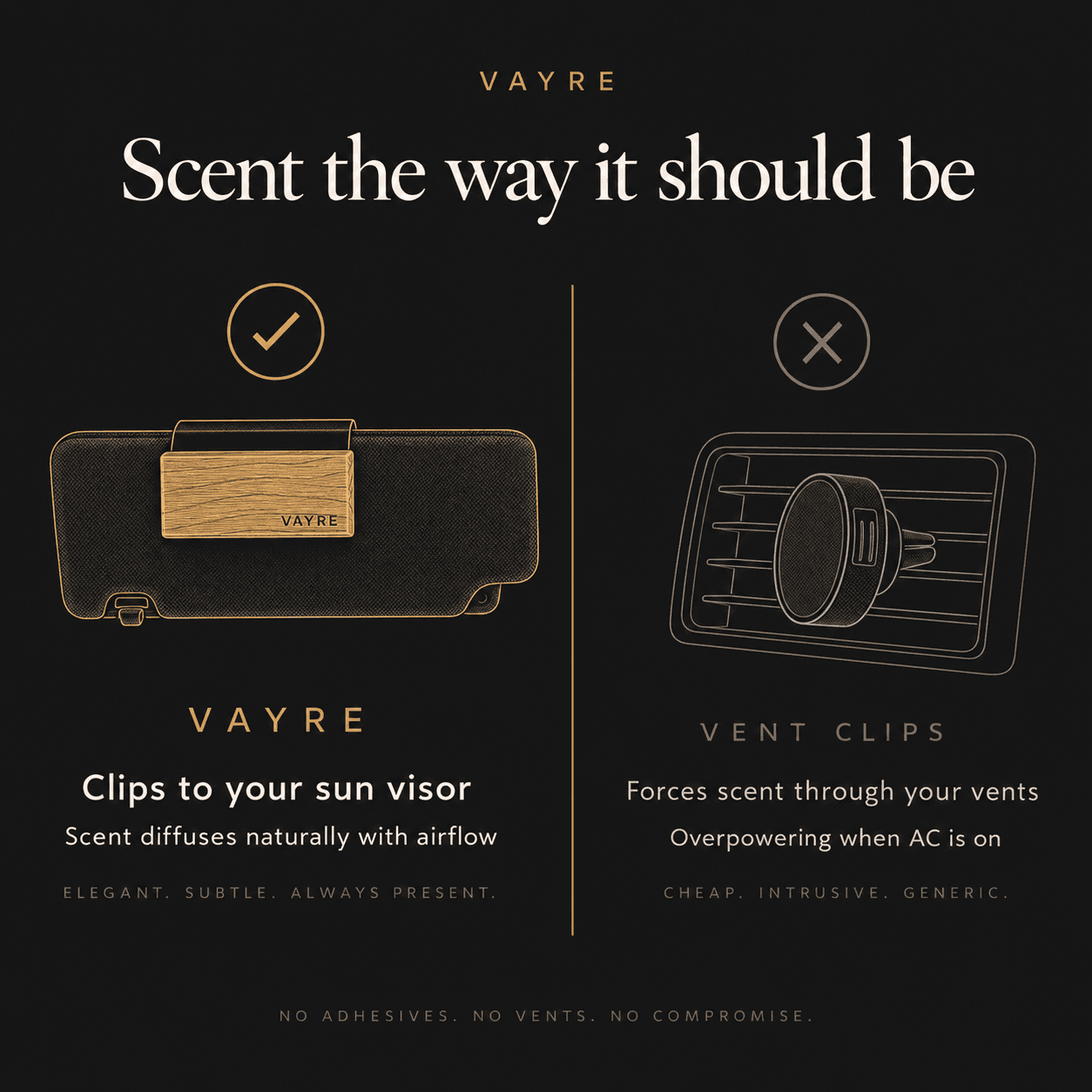 VAYRE clips to your sun visor — not a vent clip. Elegant, subtle, always present.